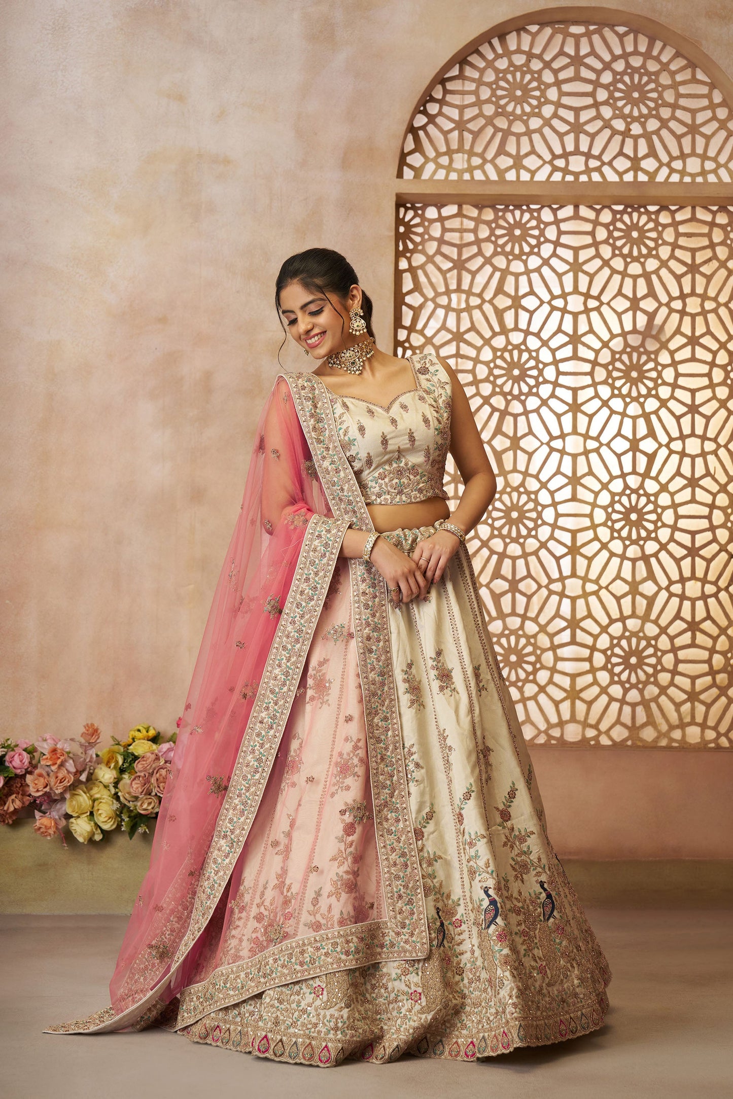White Zari Silk Sequins  & Thread Embroidery Lehenga