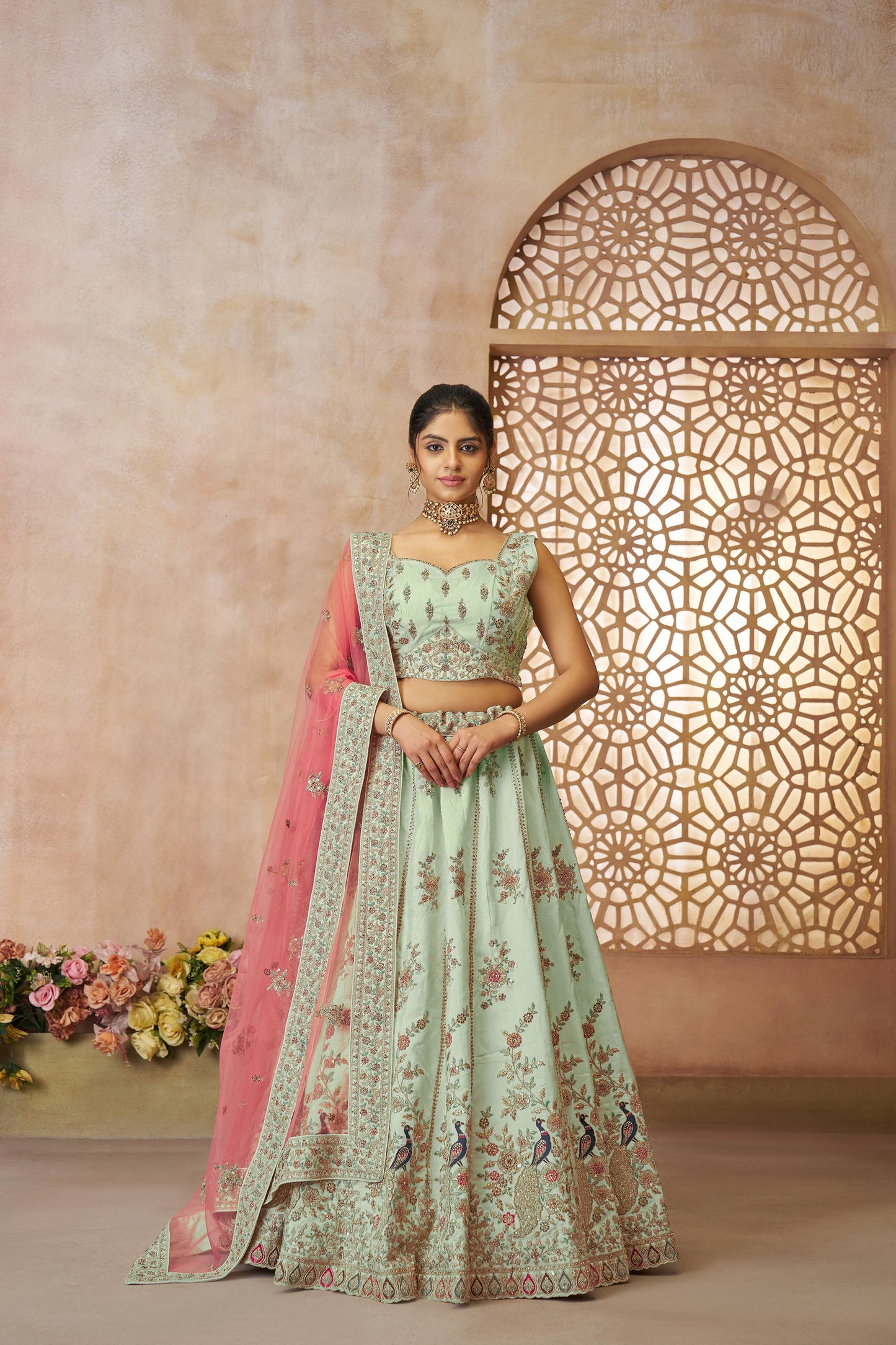 Green Zari Silk Sequins & Thread Embroidery Mehendi Lehenga
