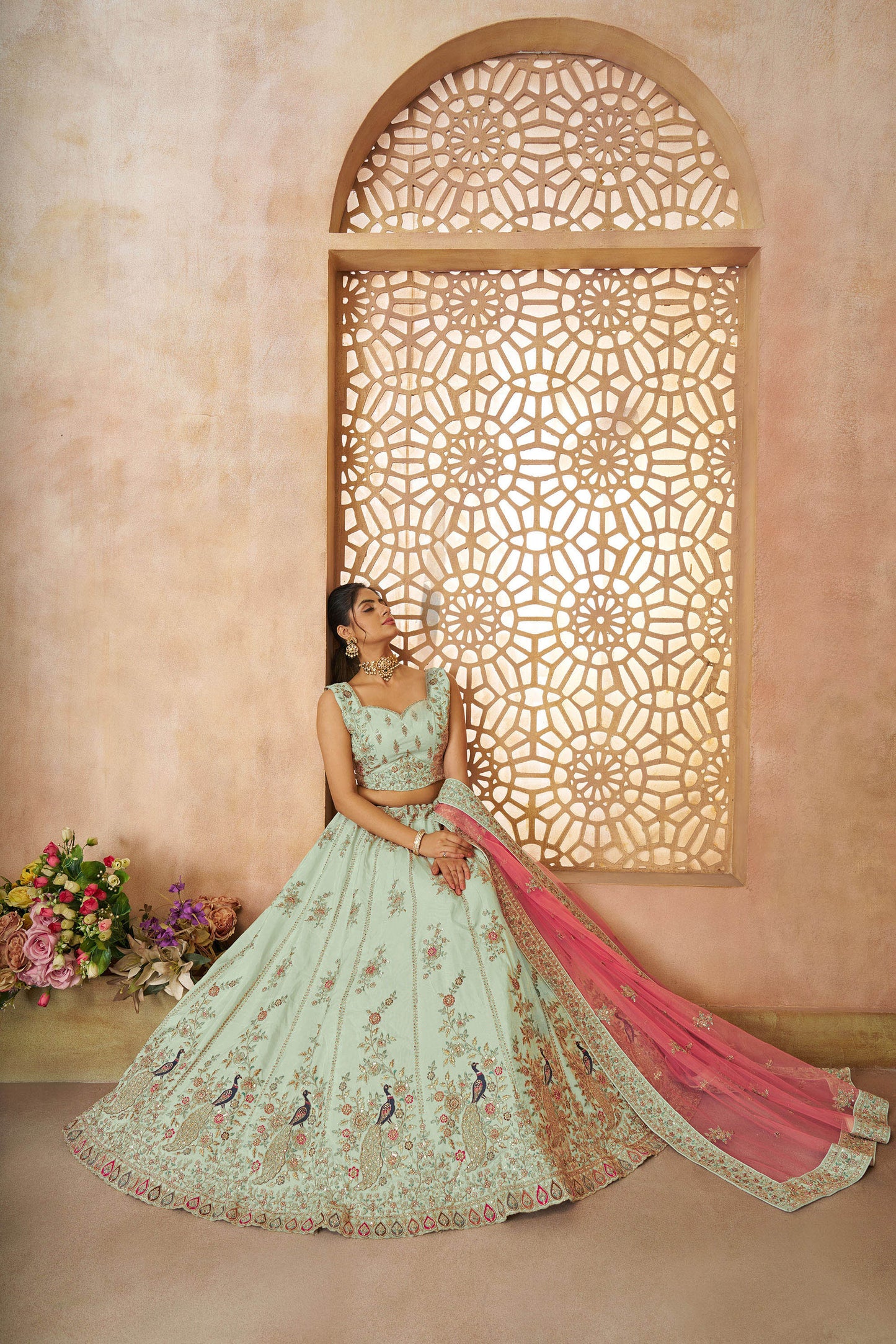 Green Zari Silk Sequins & Thread Embroidery Mehendi Lehenga