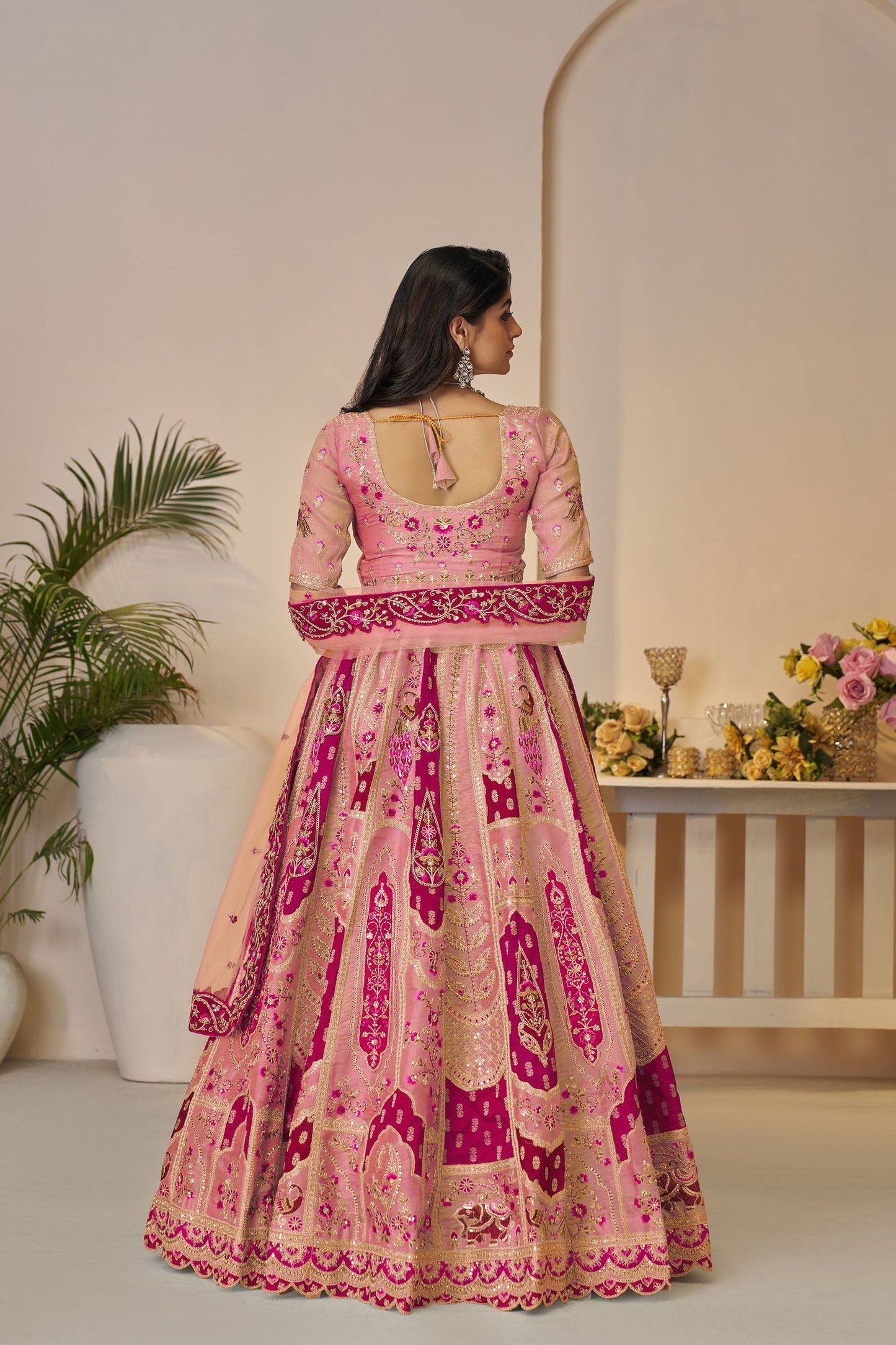 Orange Banarasi Silk Sequins & Zari Embroidered Bridal Lehenga