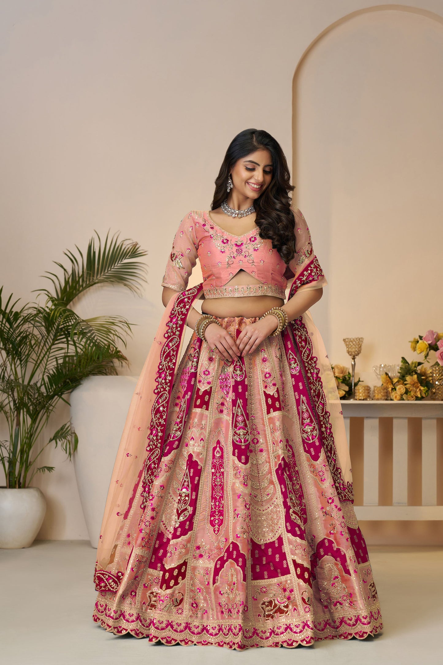 Orange Banarasi Silk Sequins & Zari Embroidered Bridal Lehenga