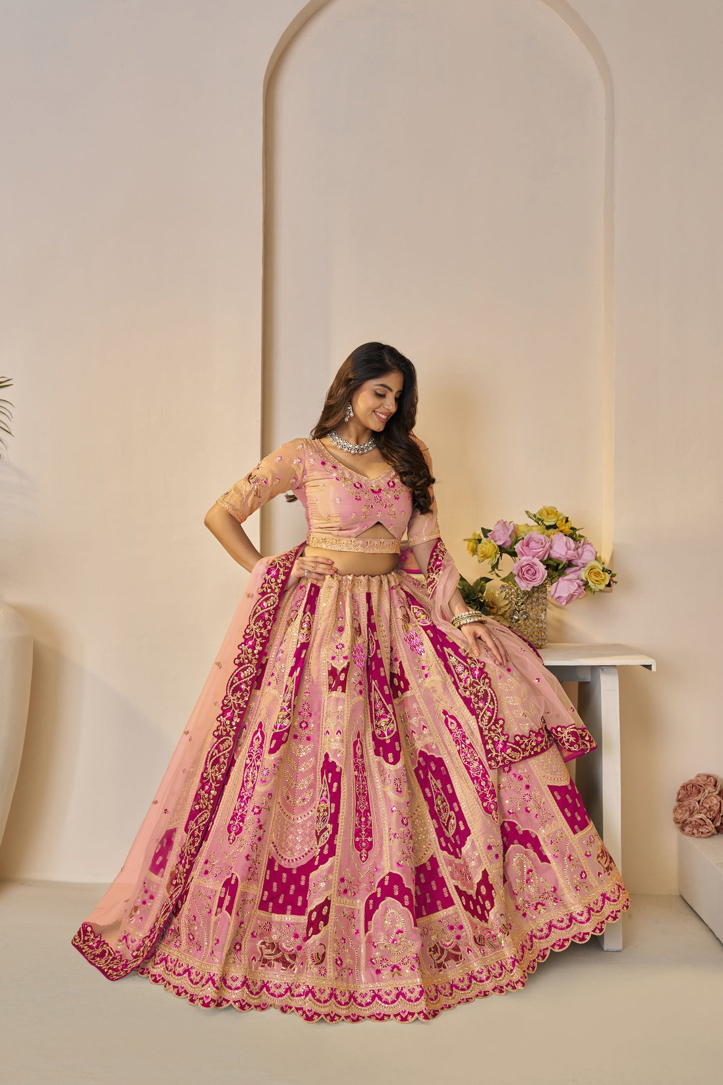 Orange Banarasi Silk Sequins & Zari Embroidered Bridal Lehenga