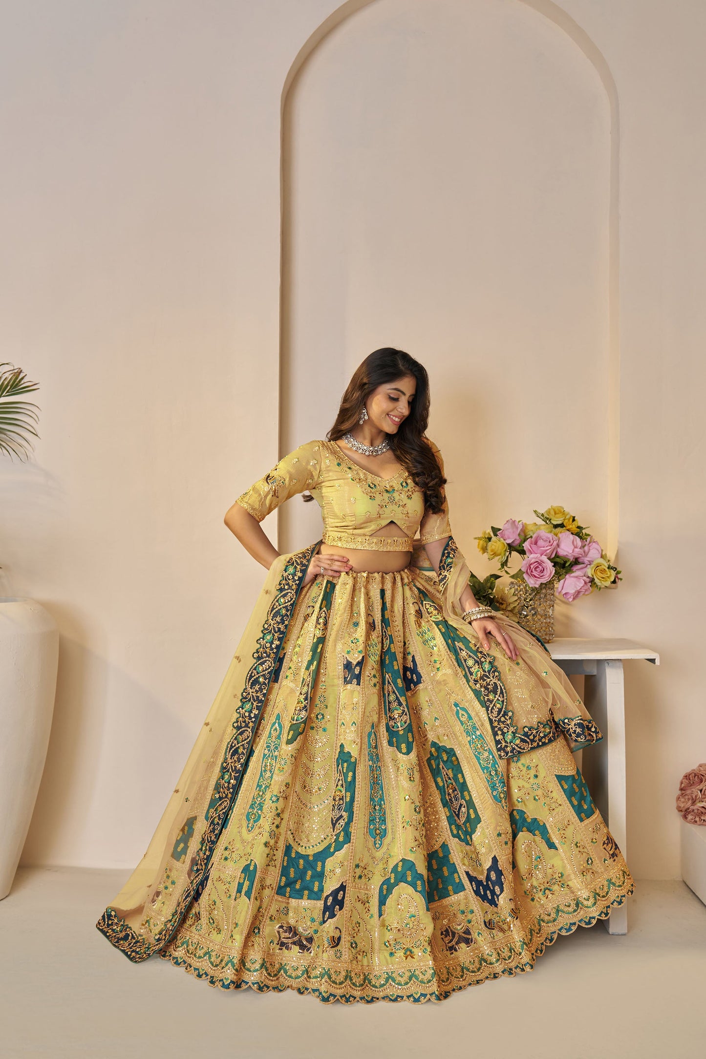 Yellow Art Silk Sequins & Zari Embroidered Haldi Lehenga