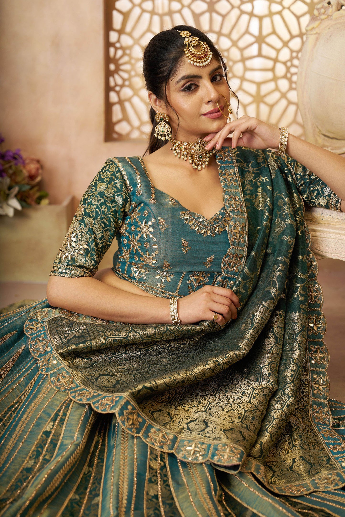 Green Tissue & Banarasi Zari Work Bridal Lehenga