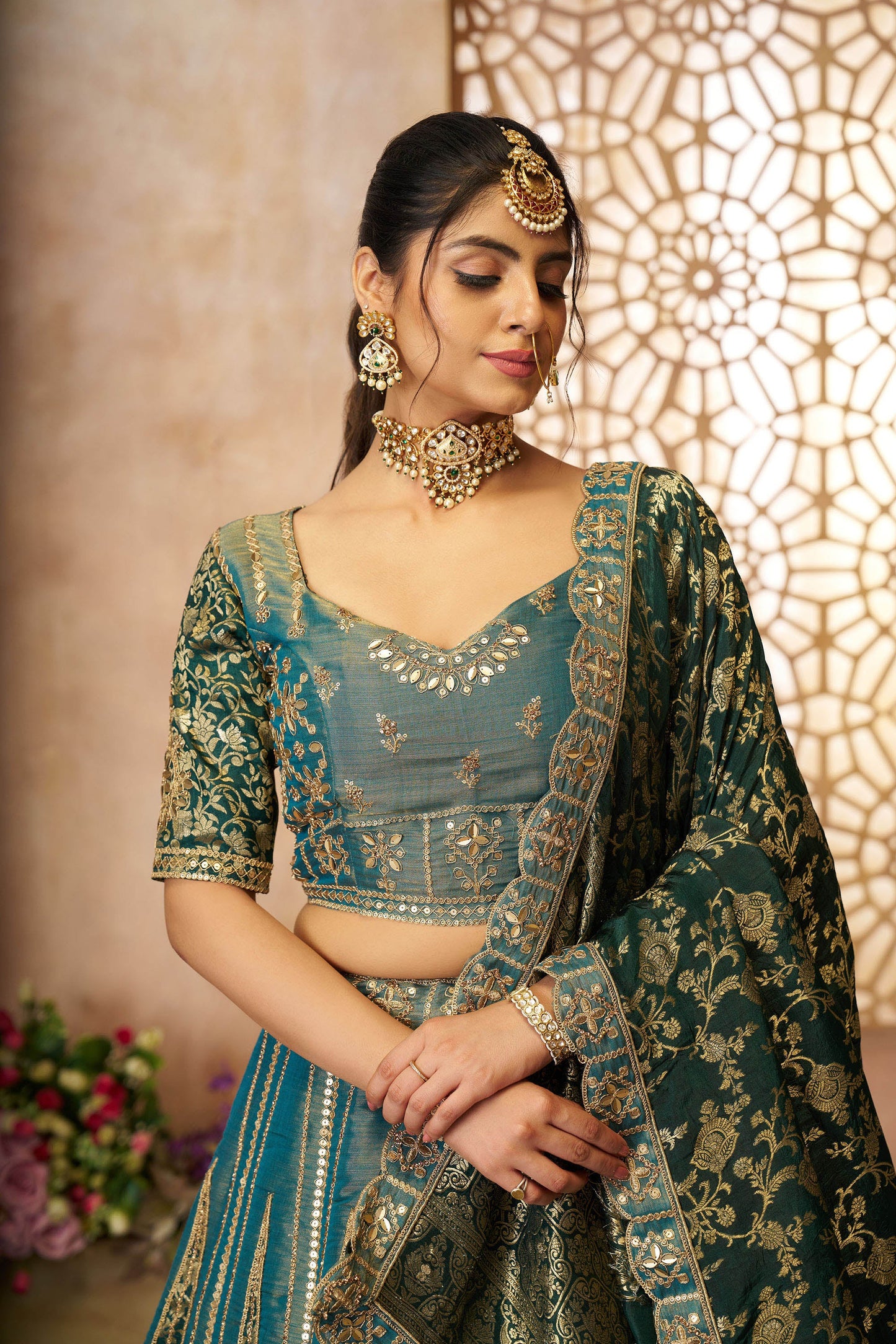 Green Tissue & Banarasi Zari Work Bridal Lehenga