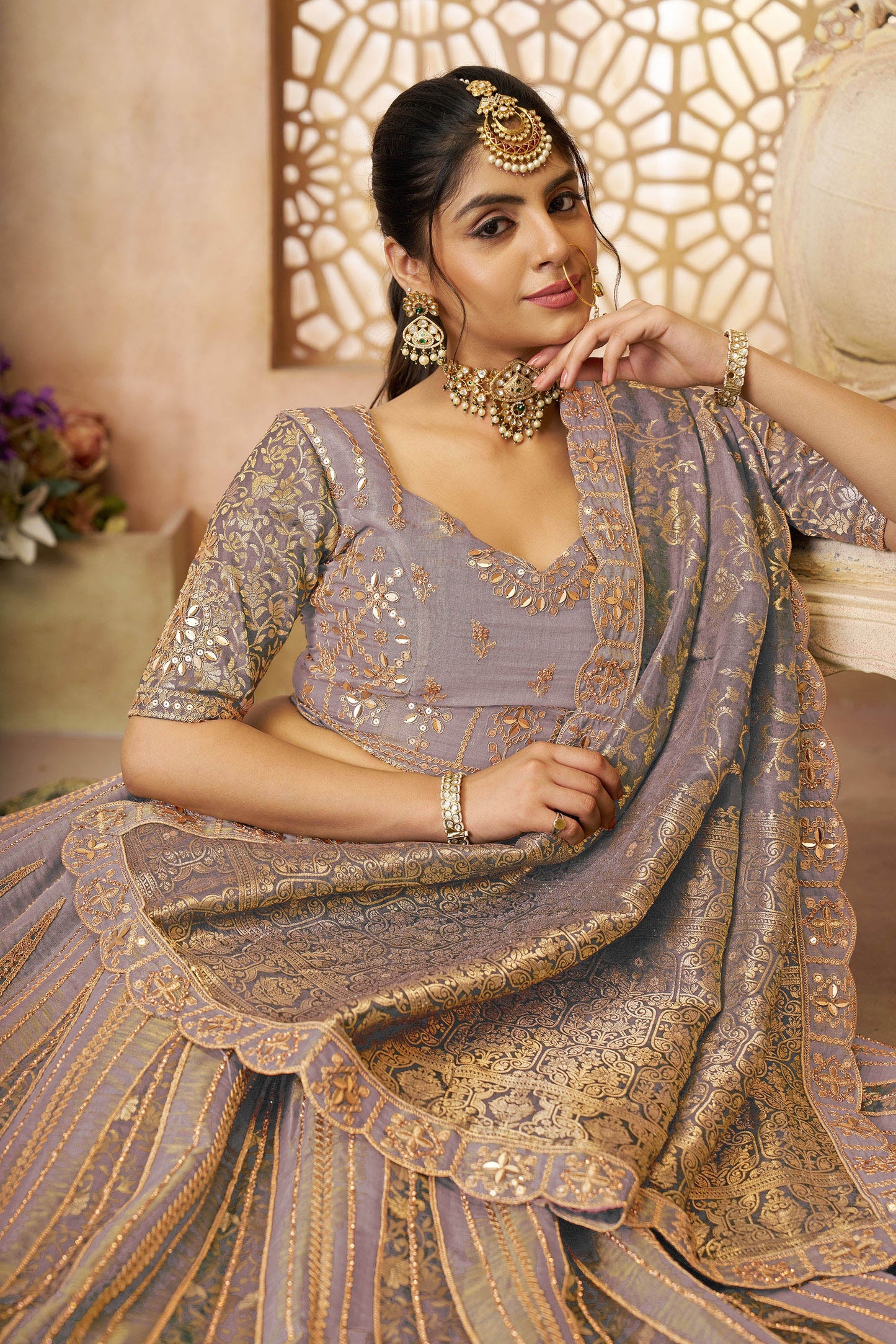 Onion Pink Tissue & Banarasi Zari Work Bridal Lehenga