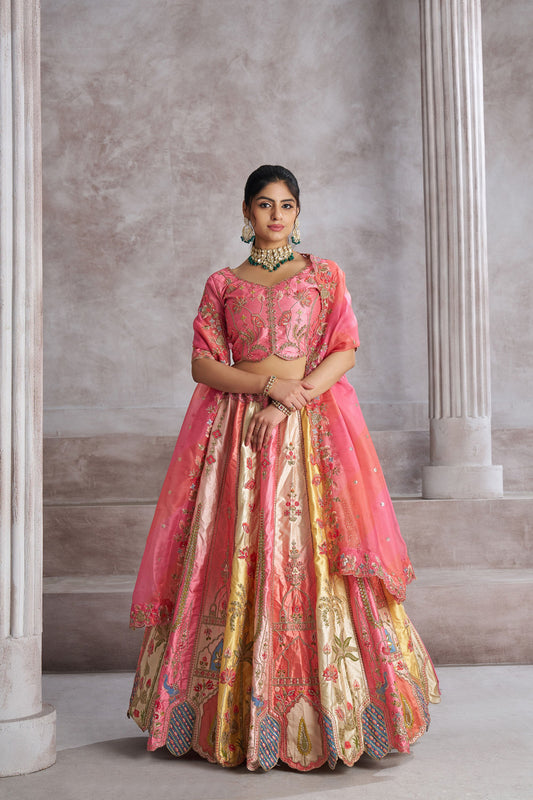 Pink Silk Intricate Paisley Motifs Embroidered Wedding Lehenga for Engagement