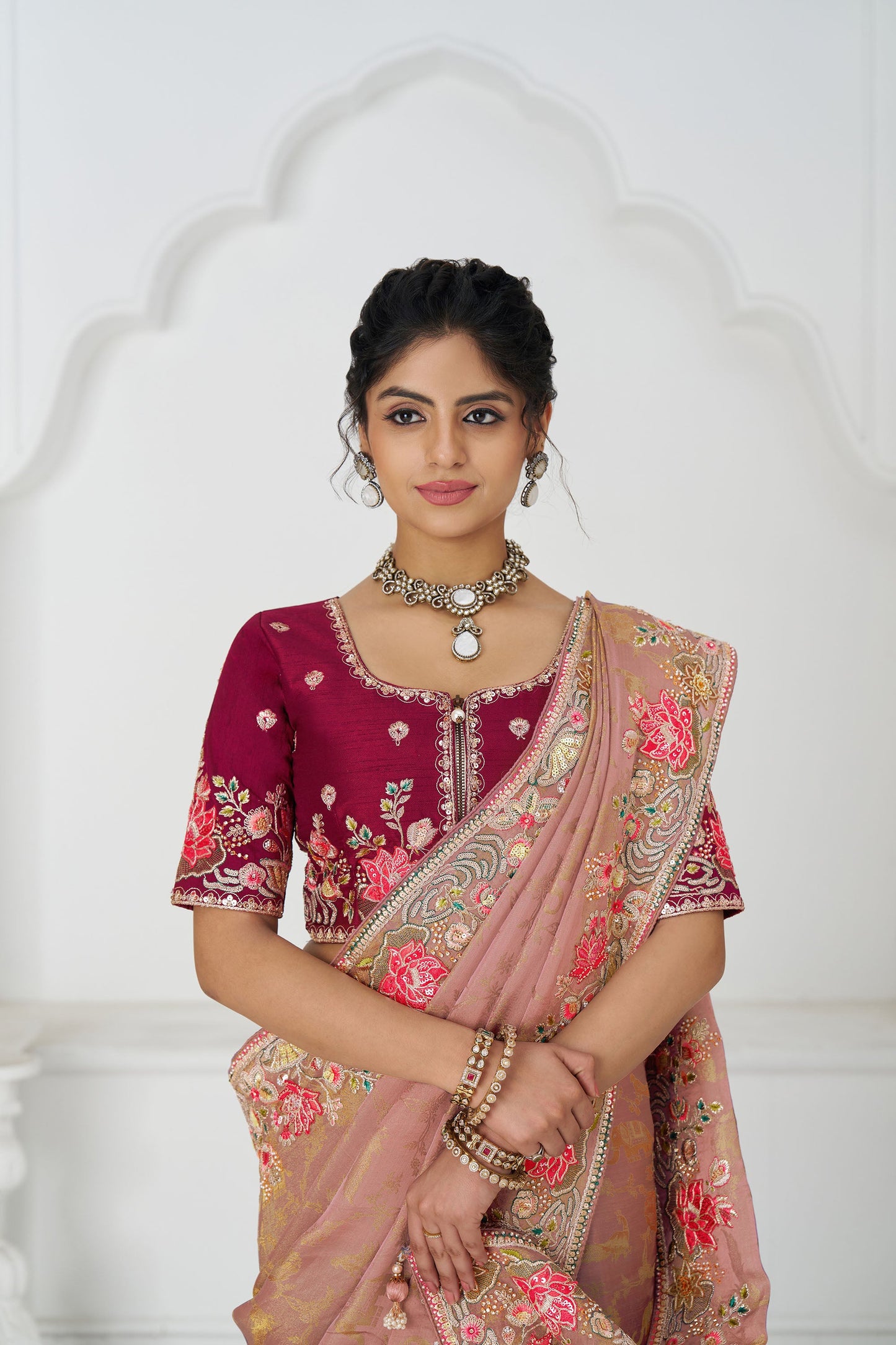 Peach Dola Viscose Silk Floral Work Festive Saree