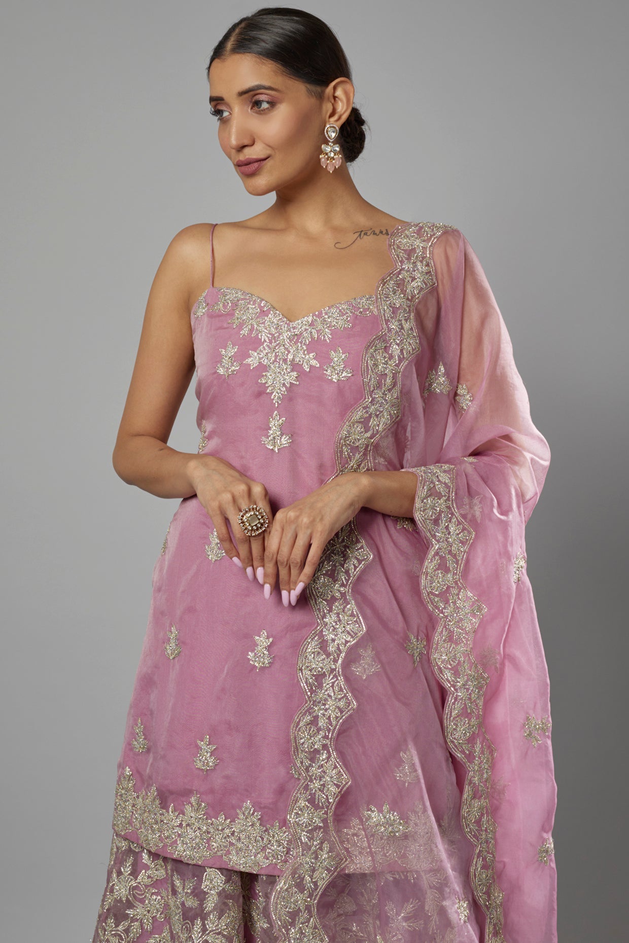 mauve organza embroidered sharara set