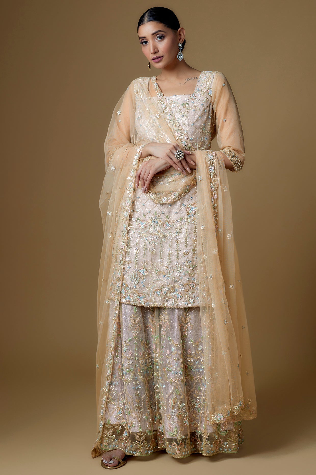 grey net embroidered sharara set