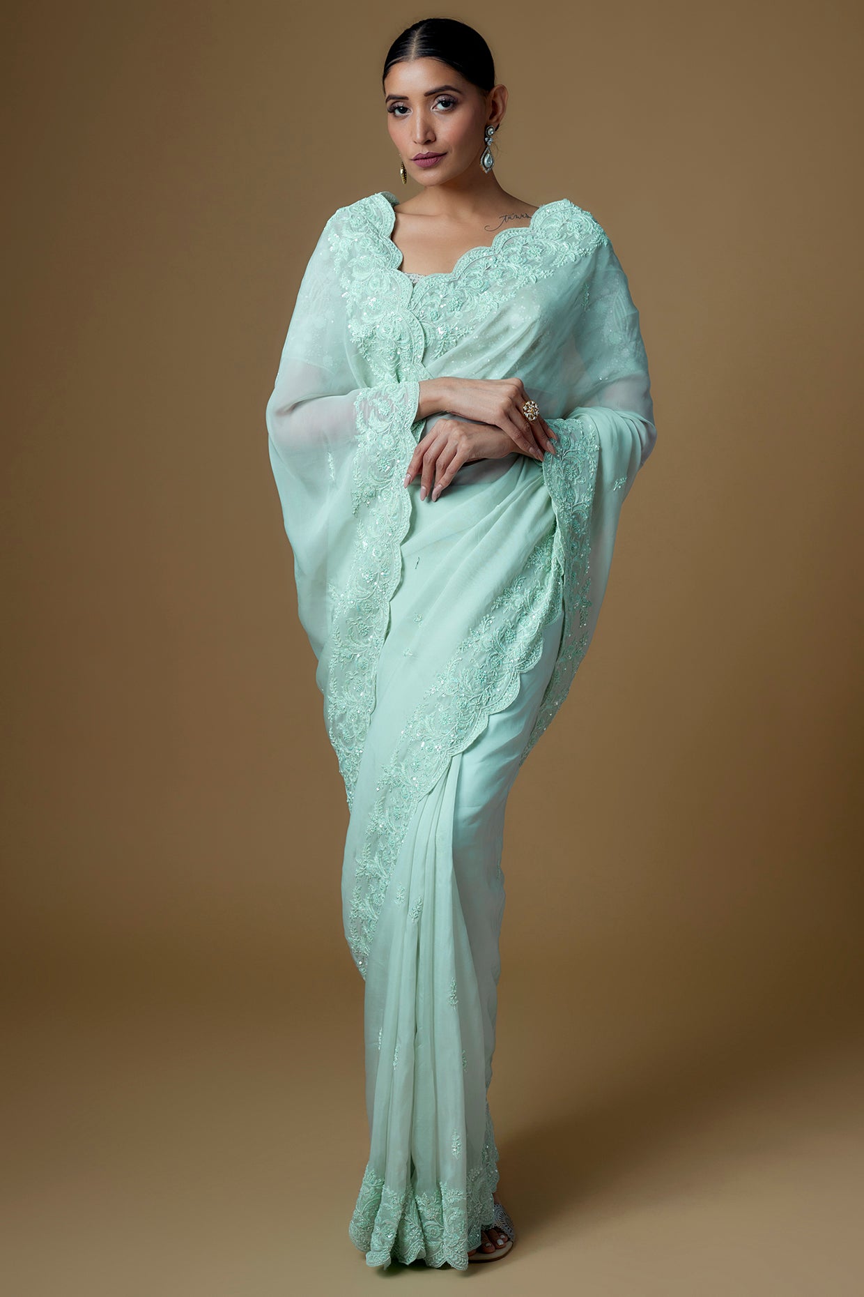 aqua organza embroidered saree