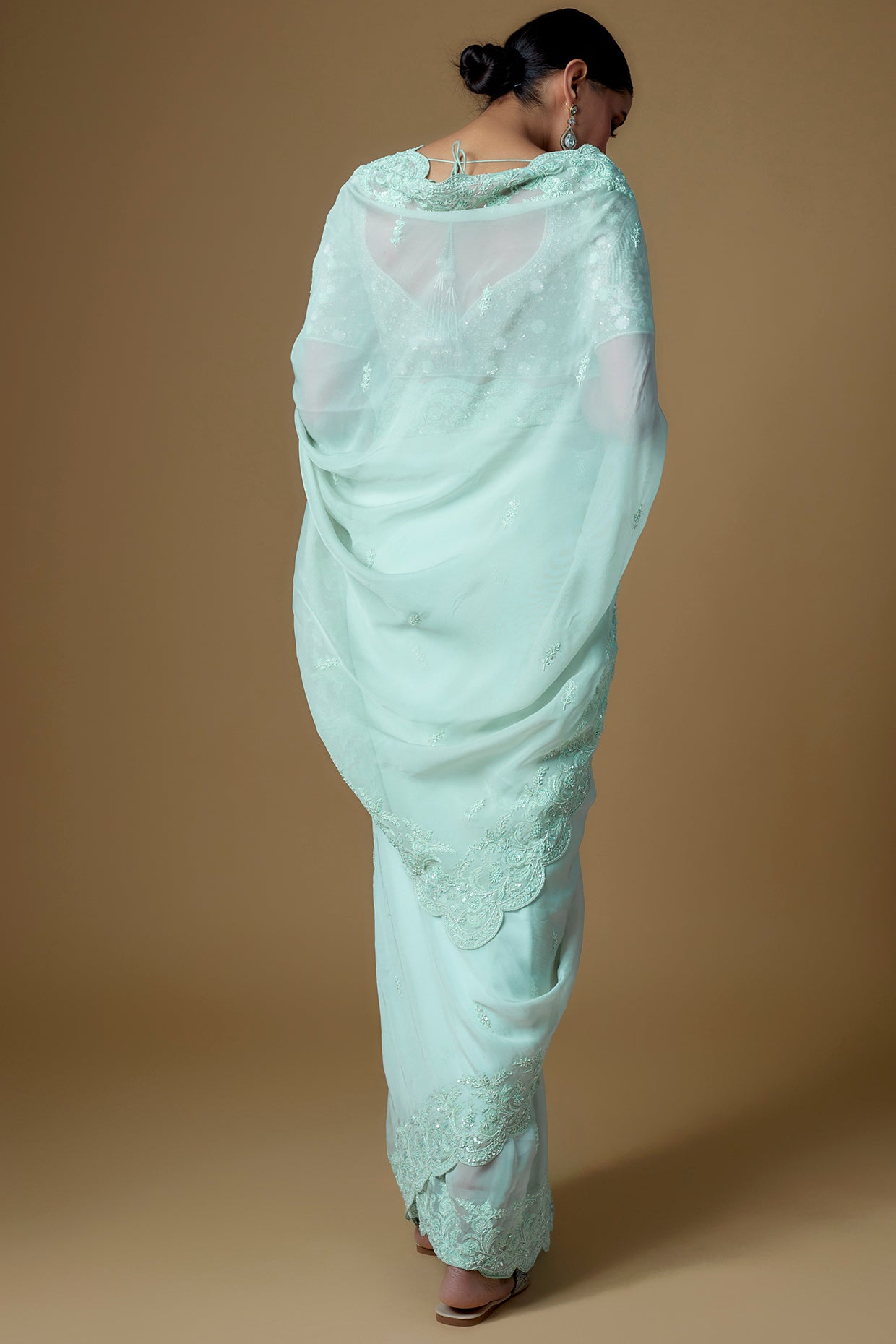 aqua organza embroidered saree