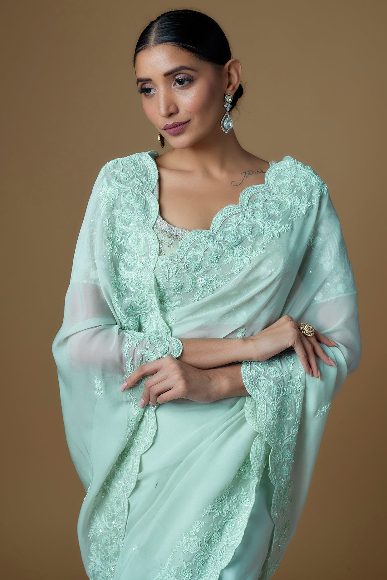 aqua organza embroidered saree