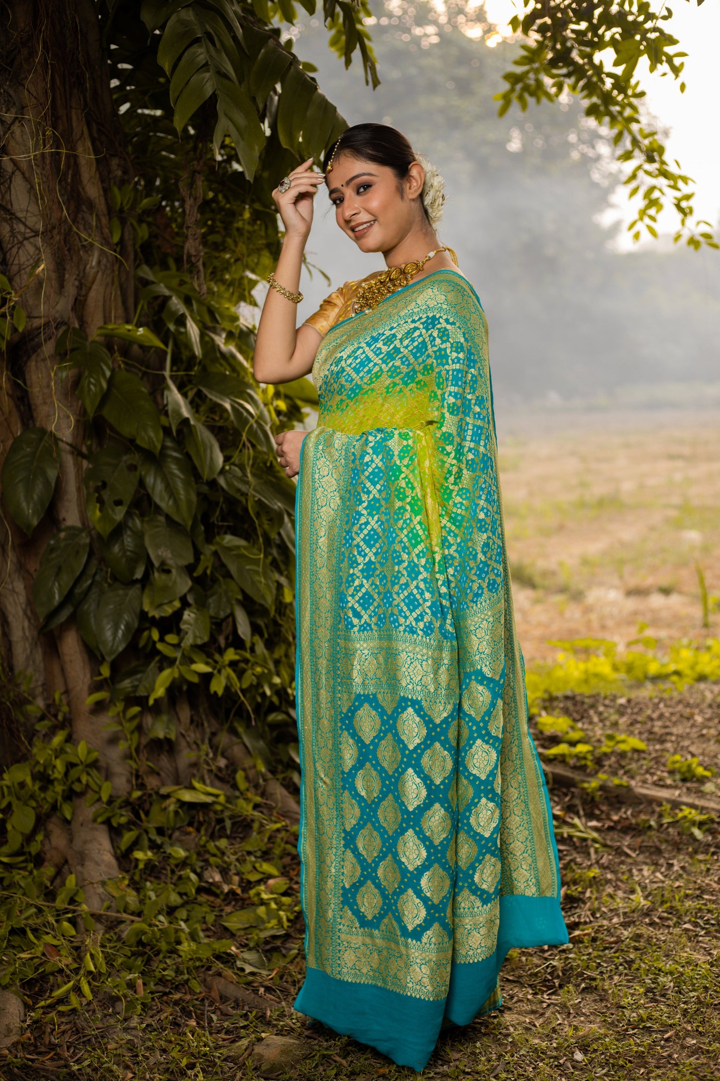 Lime Green Saree Georgette Silk Bandhani