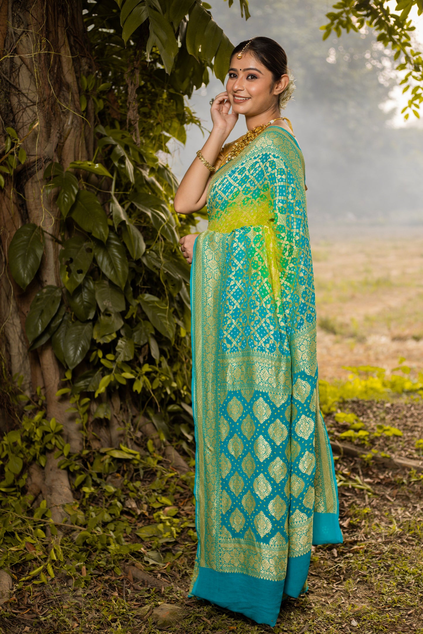 Lime Green Saree Georgette Silk Bandhani