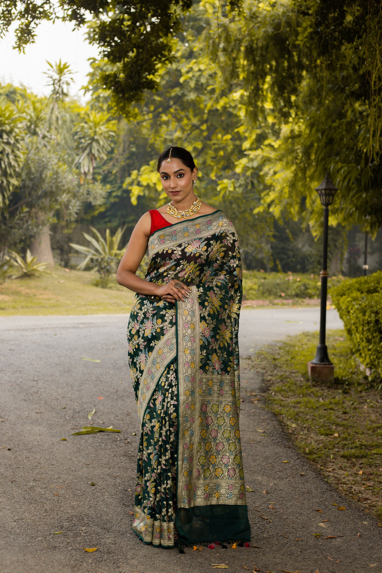Bottle Green Saree Georgette Khaddi Silk