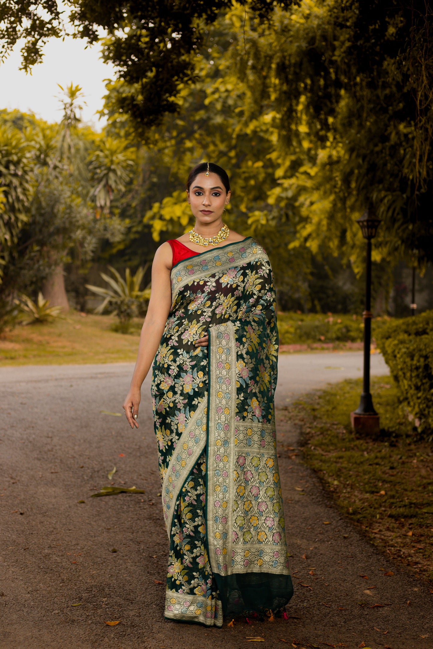 Bottle Green Saree Georgette Khaddi Silk