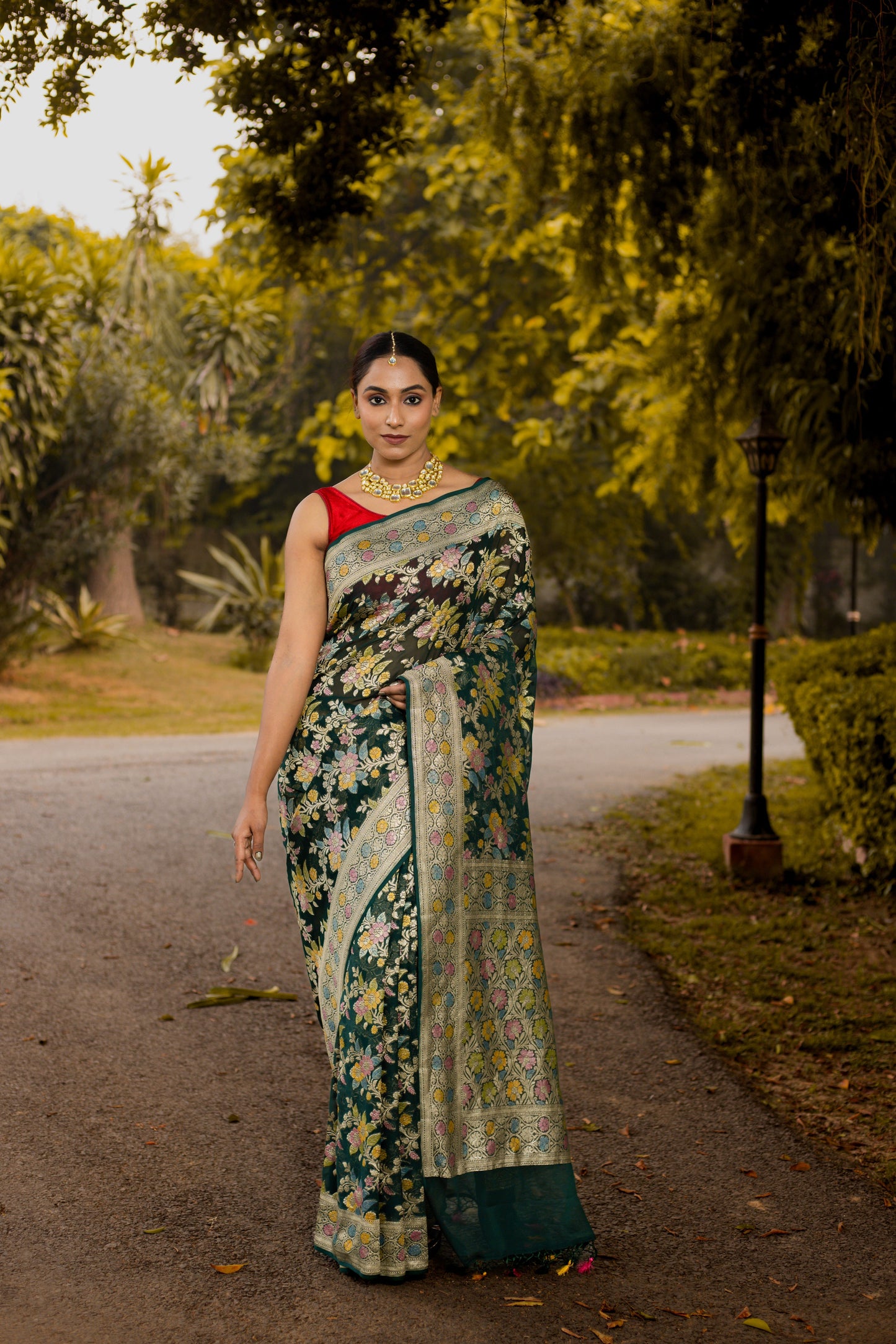 Bottle Green Saree Georgette Khaddi Silk