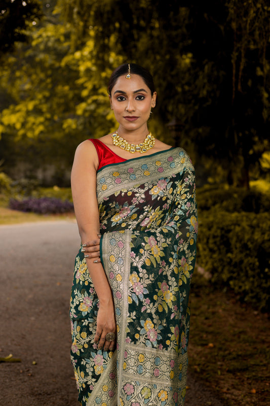 Bottle Green Saree Georgette Khaddi Silk