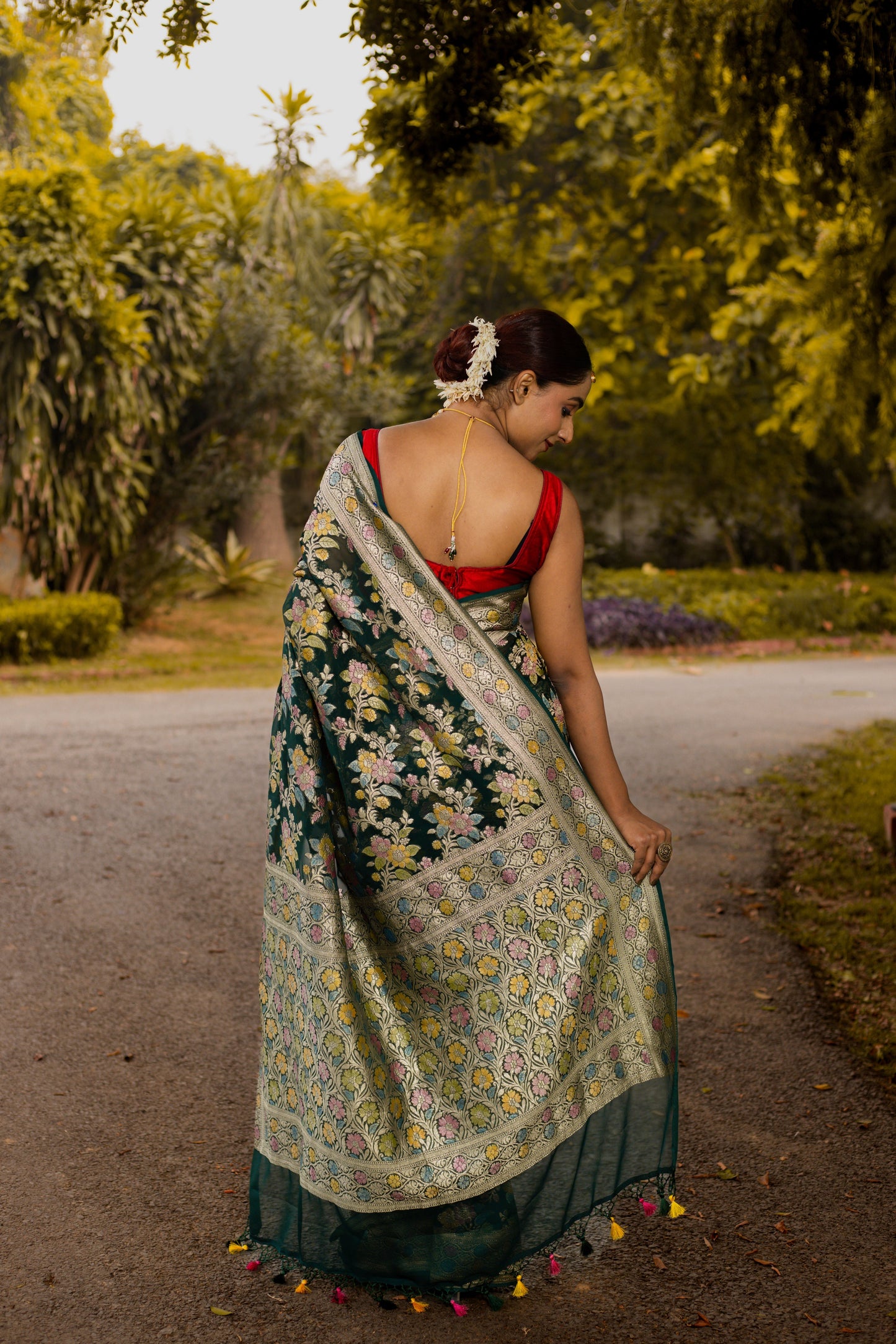 Bottle Green Saree Georgette Khaddi Silk