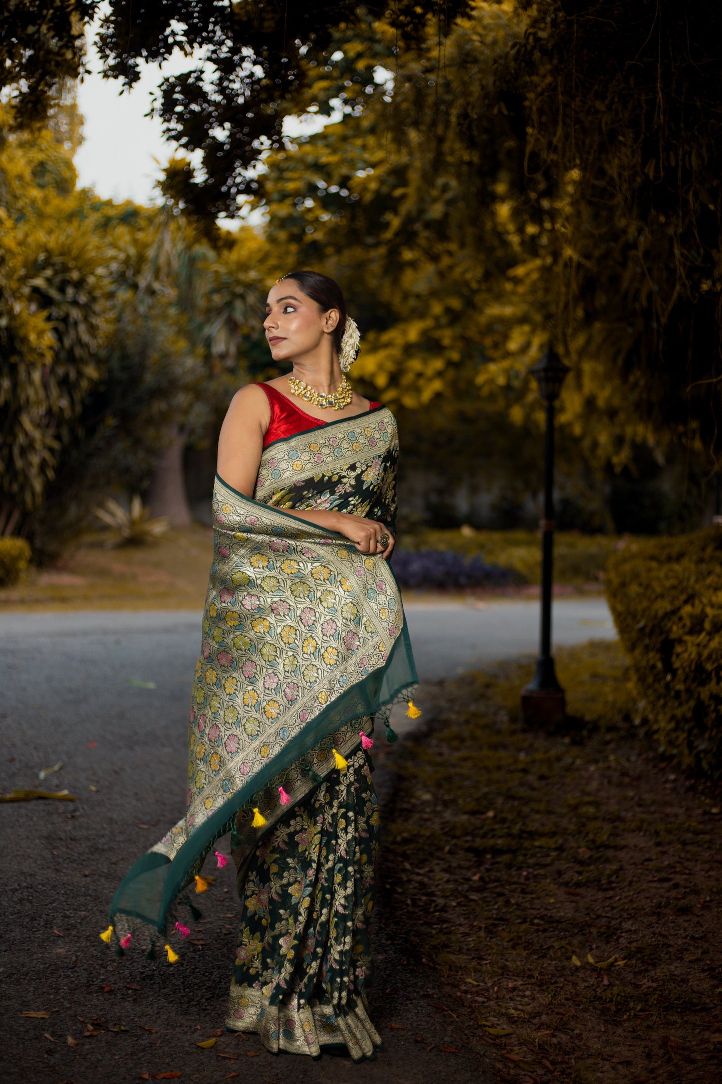Bottle Green Saree Georgette Khaddi Silk