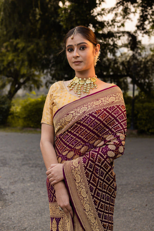 Brown Saree Georgette Silk Bandhani