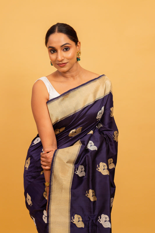 Navy Blue Saree Katan Silk Handwoven