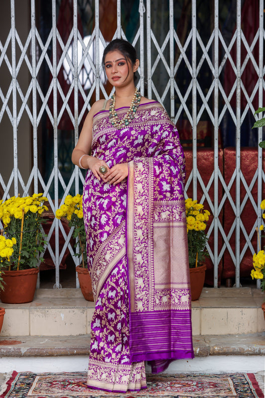Purple Katan Pure Silk Kadwa Saree