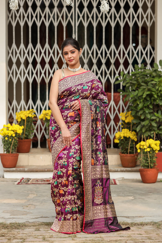 Purple Katan Pure Silk Kadwa Saree