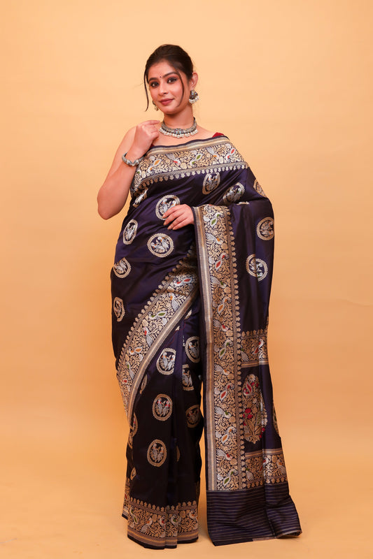 Navy Blue Katan Pure Silk Kadwa Saree