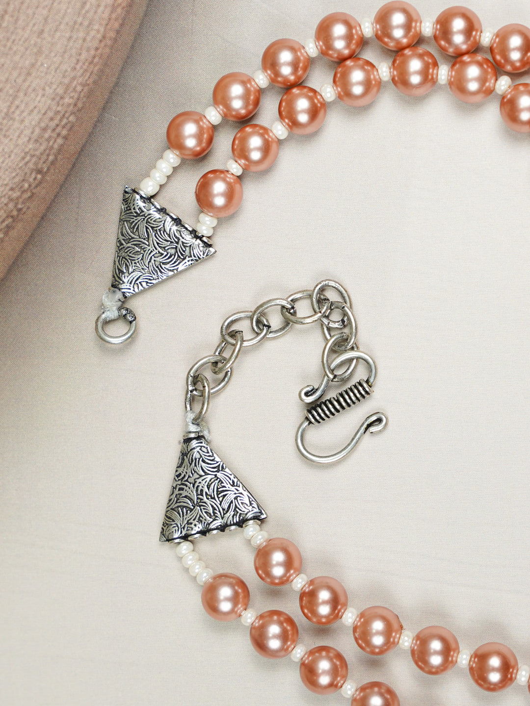 Zevar Club Metallic White, Brown, Grey Glossy Pearl Double Layer Royal Statement Necklace