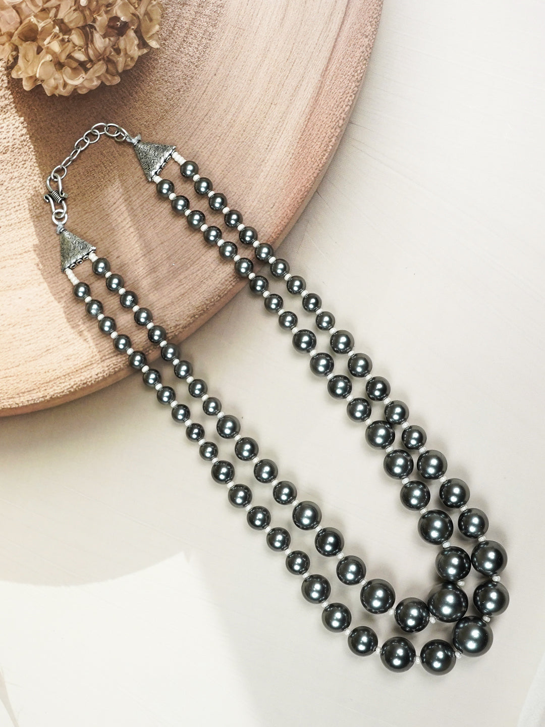 Zevar Club Metallic White, Brown, Grey Glossy Pearl Double Layer Royal Statement Necklace