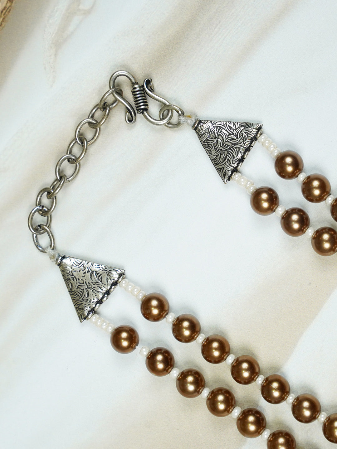 Zevar Club Metallic White, Brown, Grey Glossy Pearl Double Layer Royal Statement Necklace