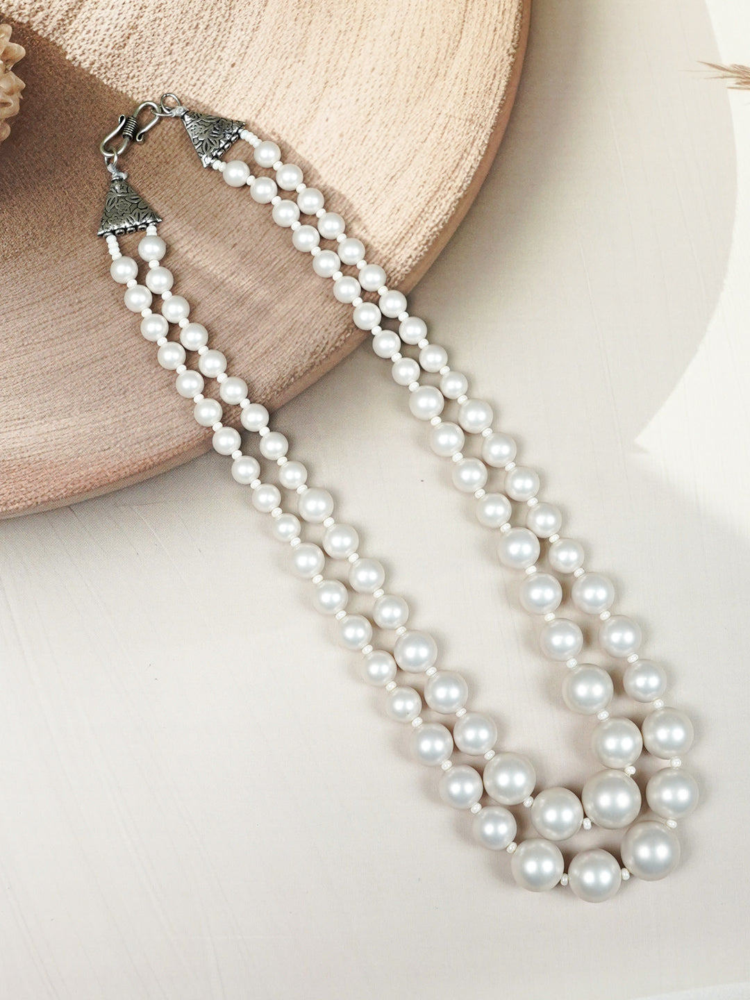 Zevar Club Metallic White, Brown, Grey Glossy Pearl Double Layer Royal Statement Necklace