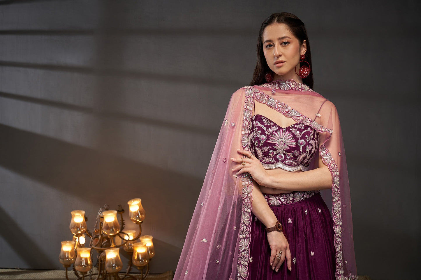 Burgundy Pure Chiffon Sequins embroidery Lehenga choli