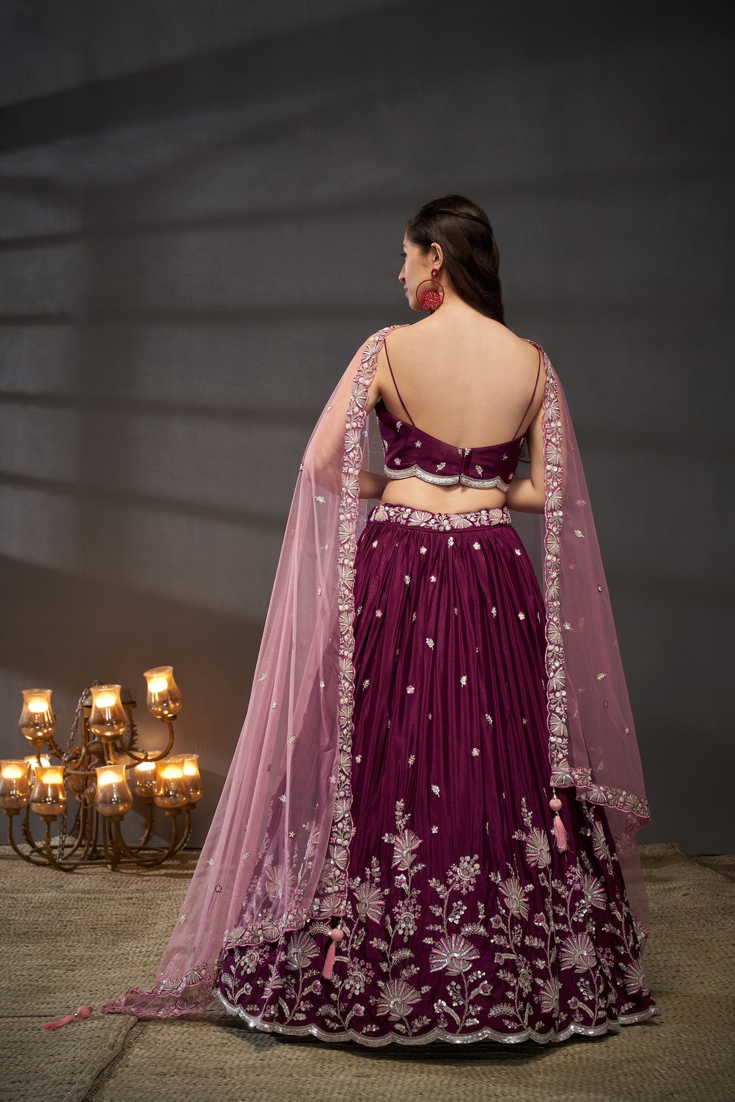 Burgundy Pure Chiffon Sequins embroidery Lehenga choli