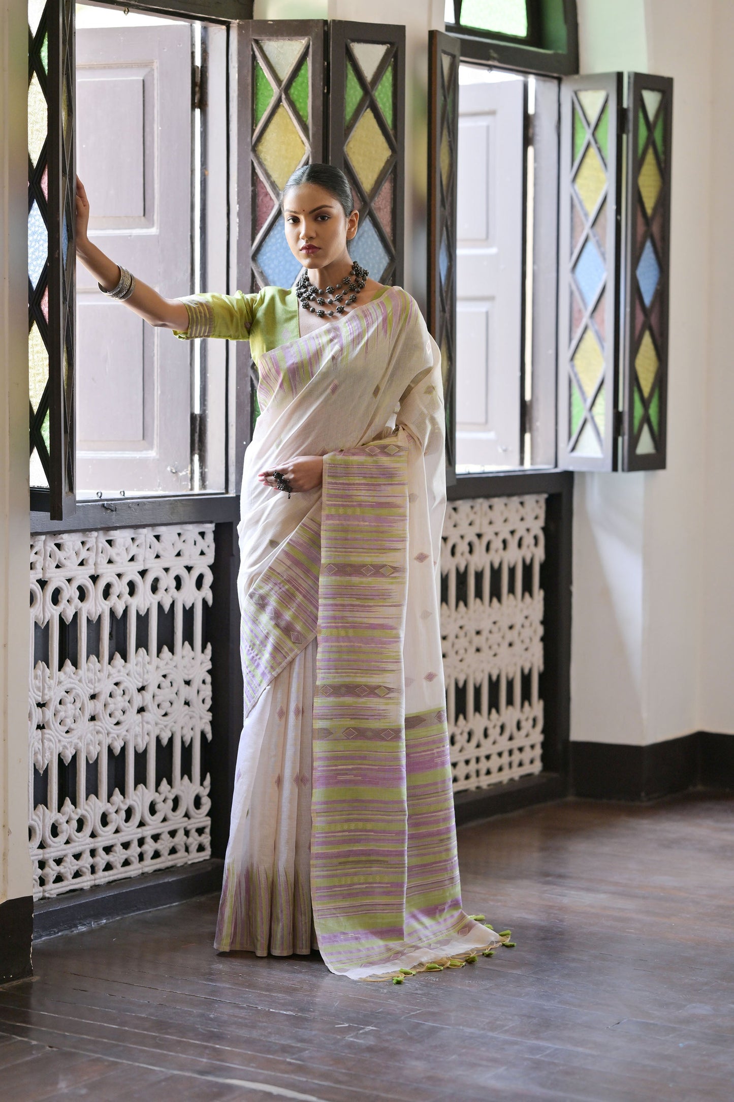 Mahendi Muga Cotton Ikkat Saree