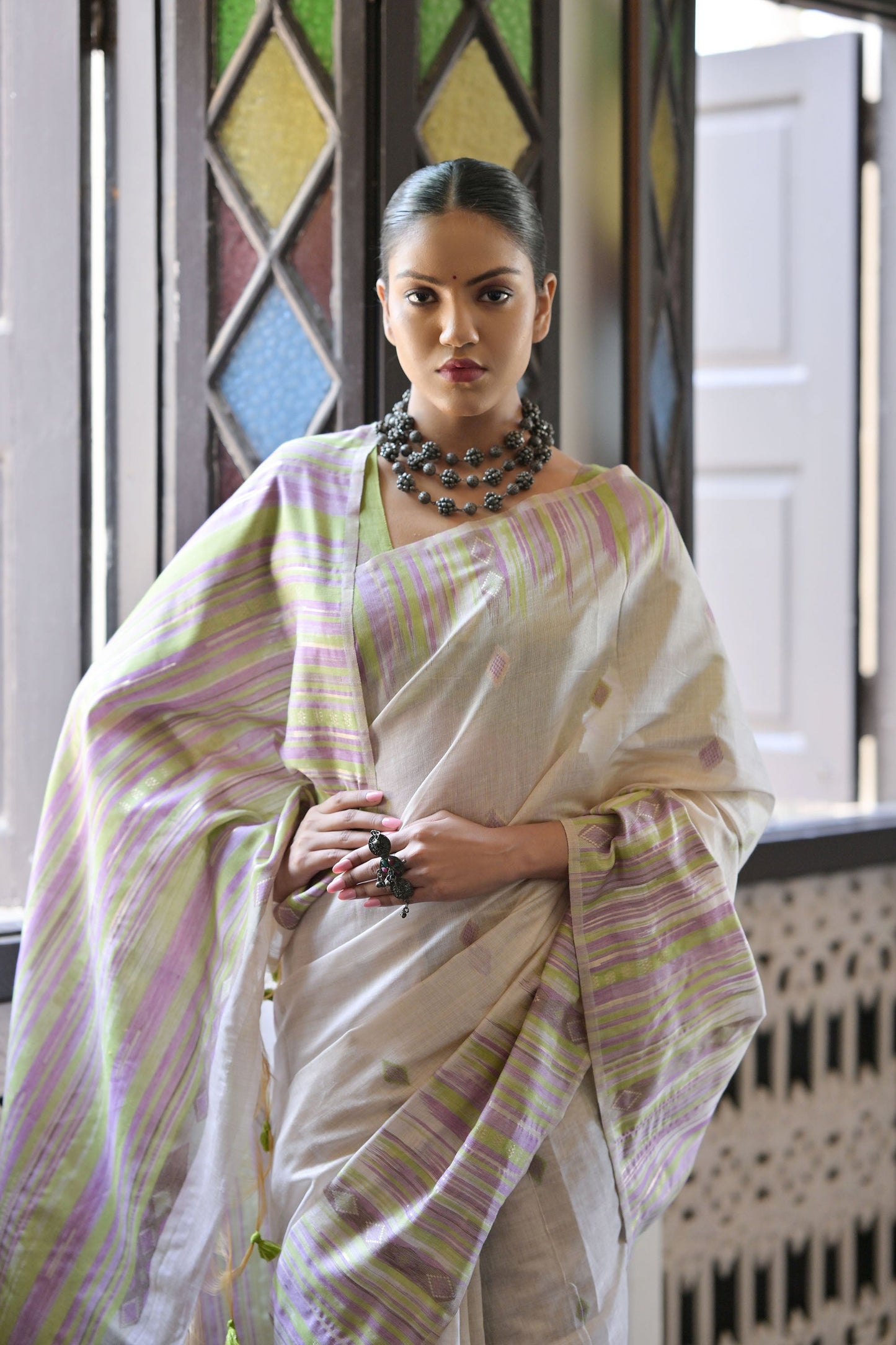 Mahendi Muga Cotton Ikkat Saree