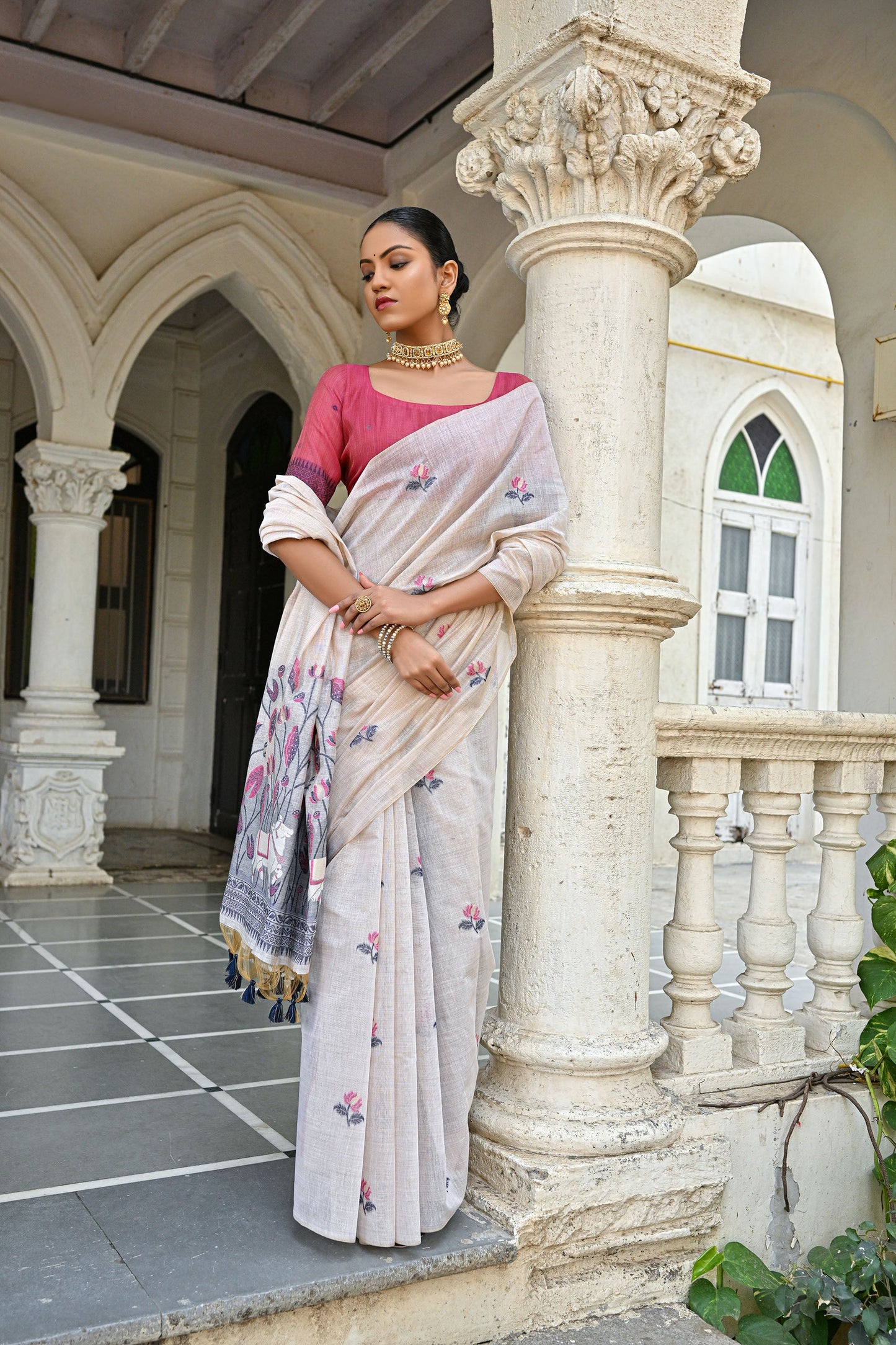 Blue Muga Cotton Pichwai pattern meenakari butti weave Saree