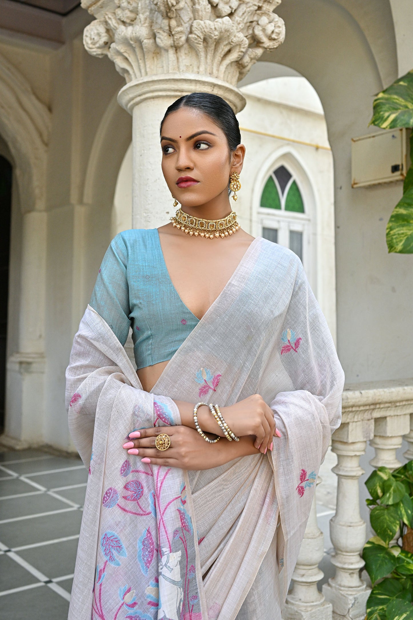 Pink Muga Cotton Pichwai pattern meenakari butti weave Saree
