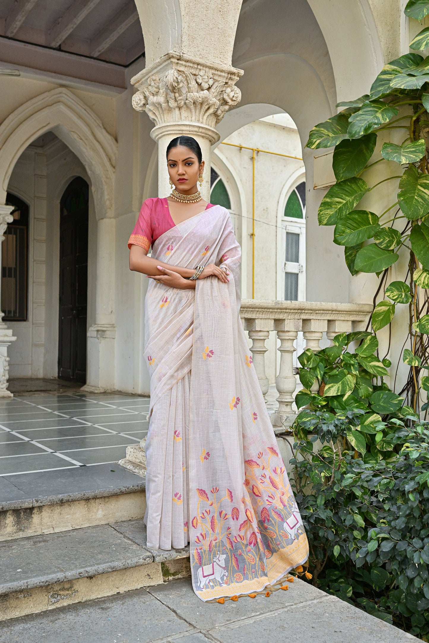 Yellow Muga Cotton Pichwai pattern meenakari butti weave Saree