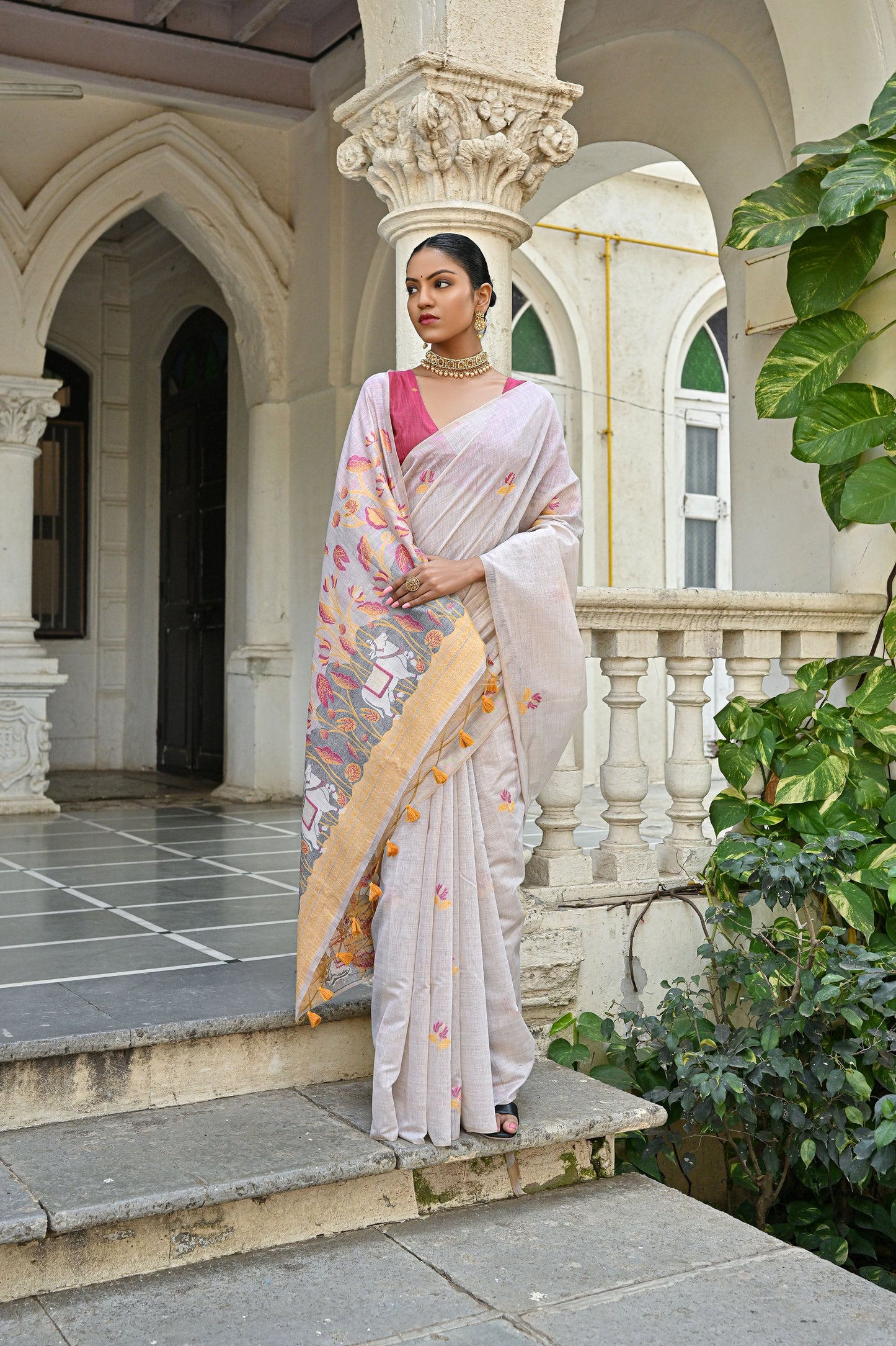 Yellow Muga Cotton Pichwai pattern meenakari butti weave Saree