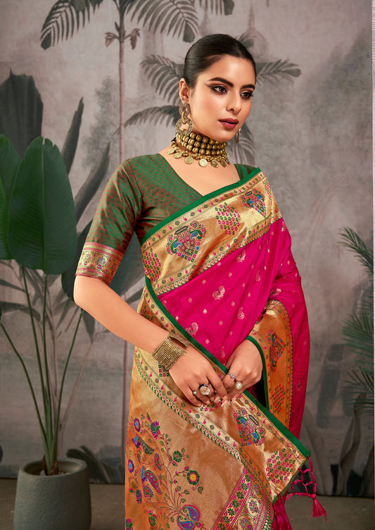 Isha Rani Pink Paithani Silk Zari woven Saree
