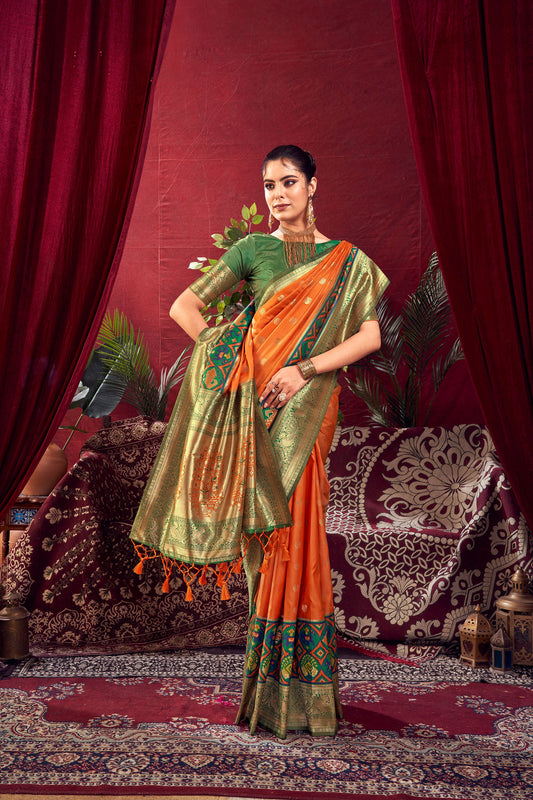 Nidhi Orange Paithani Silk Zari woven Patola Border Saree