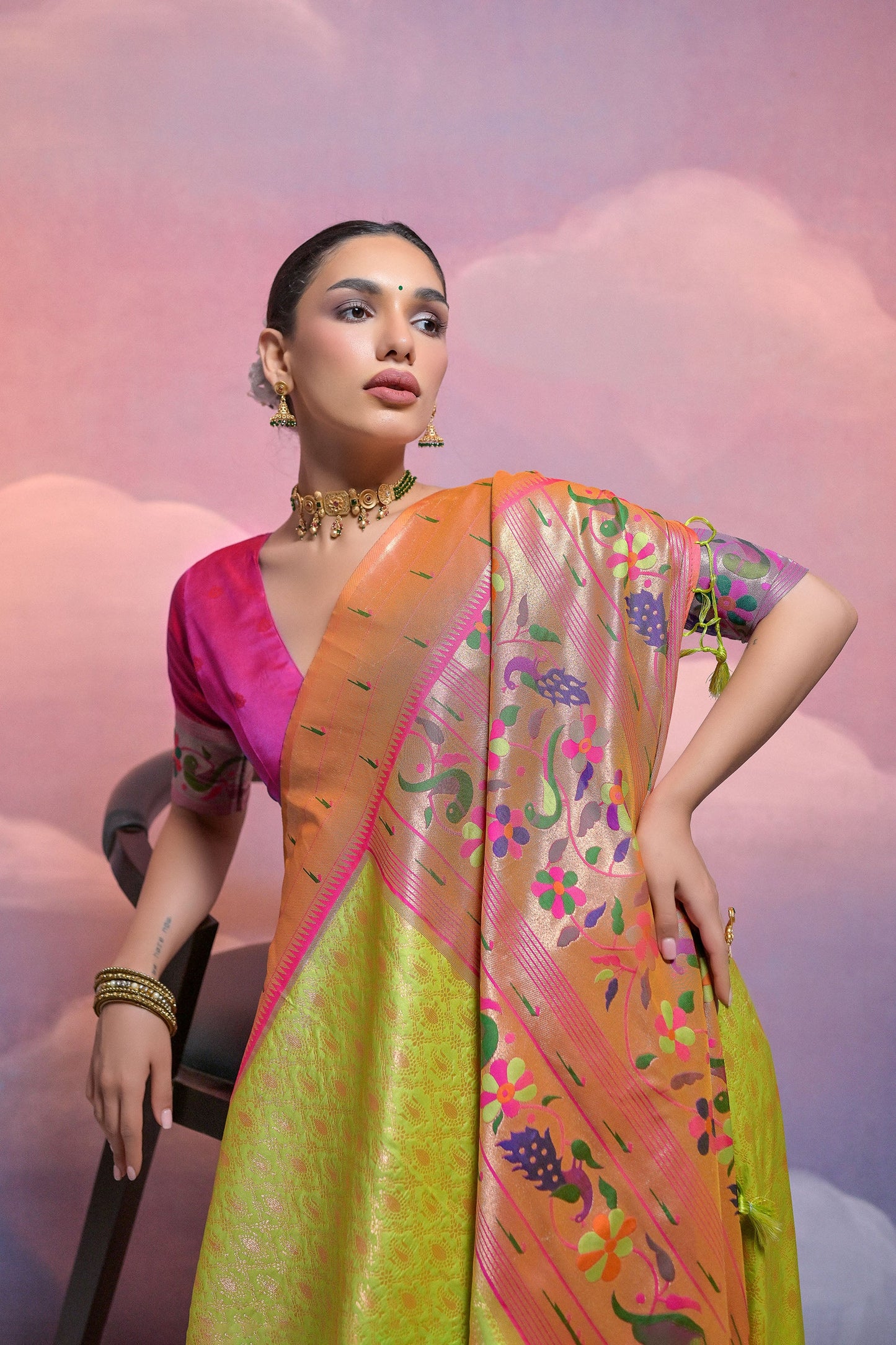 Mehendi Paithani Silk Meenakari Zari Woven Saree