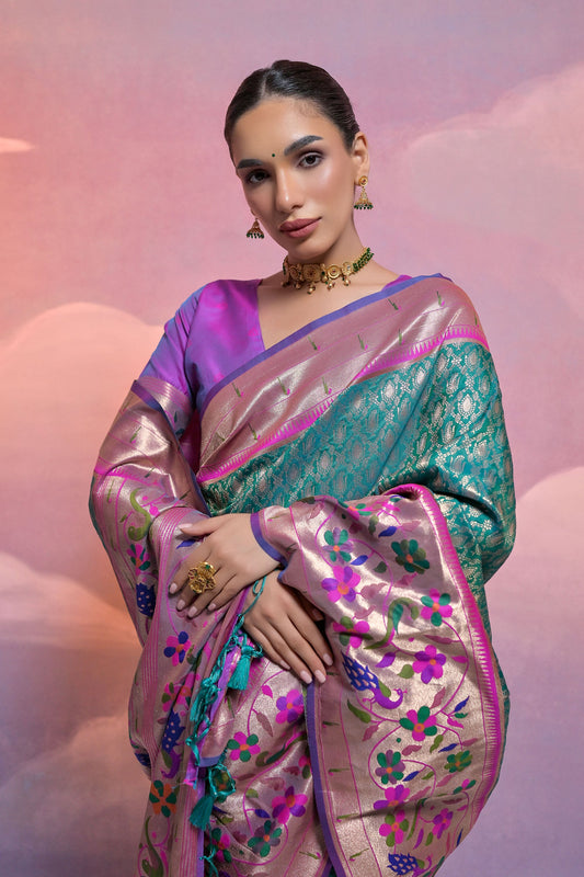 Rama Paithani Silk Meenakari Zari Woven Saree
