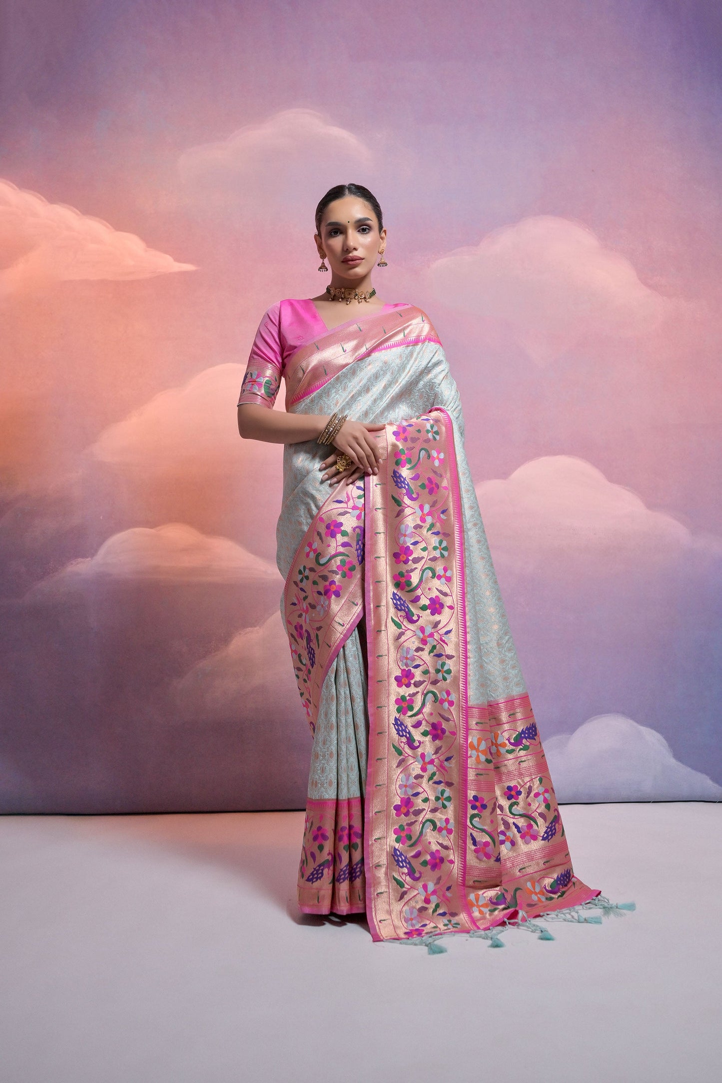 Sea Green Paithani Silk Meenakari Zari Woven Saree