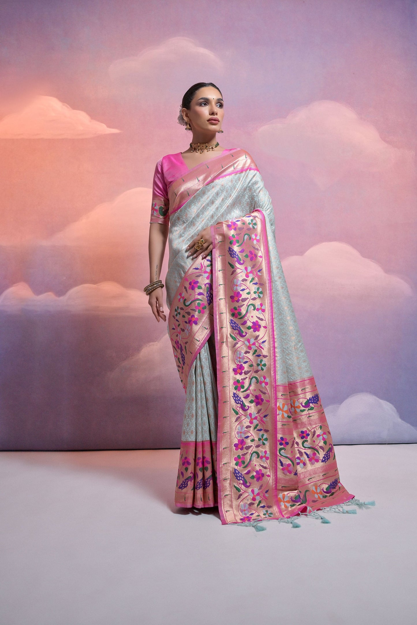 Sea Green Paithani Silk Meenakari Zari Woven Saree