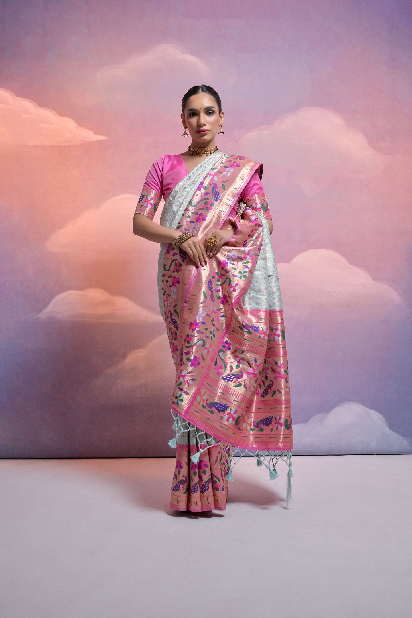Sea Green Paithani Silk Meenakari Zari Woven Saree