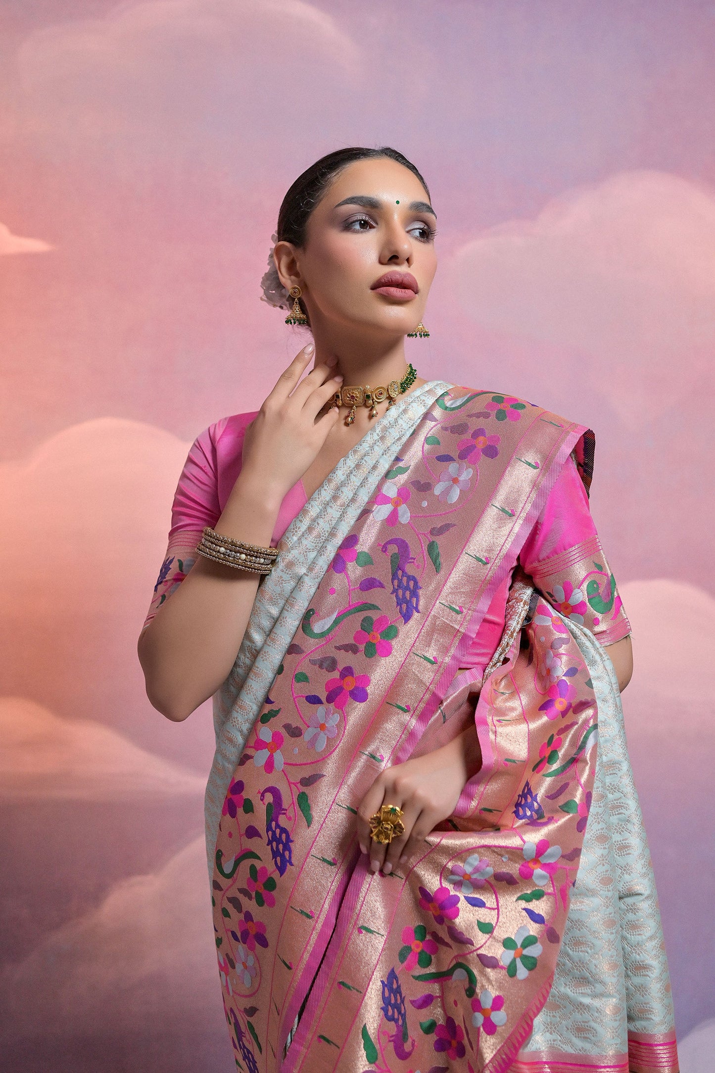 Sea Green Paithani Silk Meenakari Zari Woven Saree